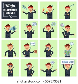 Big set of ninja emoticons showing different actions, gestures, emotions. Cheerful ninja singing, sleeping, holding loudspeaker, banner, beer, map and doing other actions. Simple vector illustration