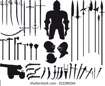 Big set is not fantasy, but there are various of silhouettes of medieval weapons of different times