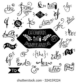 Big set number 1 of handdrawn ampersands and catchwords. Design elements for banner, card, invitation, label, postcard, vignette, label, poster, emblem etc. Vector illustration.