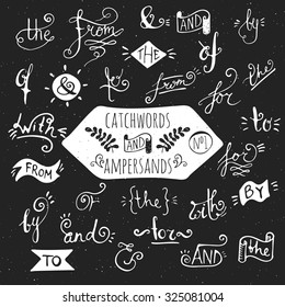 Big set number 1 of handdrawn ampersands and catchwords on black background. Design elements for banner, card, invitation, label, postcard, vignette, label, poster, emblem etc. Vector illustration.