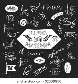 Big set number 2 of handdrawn ampersands and catchwords. Design elements for banner, card, invitation, label, postcard, vignette, label, poster, emblem etc. Vector illustration.