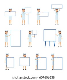 Big set of nurse characters posing with different blank banners. Cheerful nurse holding paper, poster, placard, pointing to whiteboard. Teach, advertise, promote. Simple vector illustration