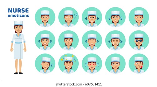 Big set of nurse emoticons. Nurse emojis showing different facial expressions. Happy, sad, laugh, surprised, angry, dazed, cry, in love and other emotions. Simple vector illustration