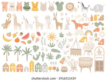 Big set with nursery essential elements, clothes, toys, furniture, decoration. Dress, baby rompers, lion, giraffe, deer, fox, fruits, palm tree, plant, houses, cradle, chair, shelf, rainbow. Baby room