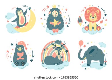 Big set of nursery isolated vector illustration. Cute animals in cartoon style. For baby room, baby shower, greeting card, textile print. Hand drawn nursery. Penguin, sheep, lion, bear, deer, elephant
