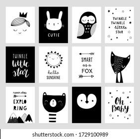 Big set of nursery posters in scandinavian style with hand lettering. Cute hand drawn illustration for baby shower invitation, greeting card. Fox, bear, moon, owl, bunny, penguin.