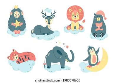 Big set of nursery vector illustration. Cute animals in cartoon style. For baby room, baby shower, greeting card, textile print. Hand drawn nursery. Penguin, sheep, lion, bear, deer, elephant, panda