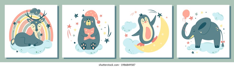 Big set of nursery vector illustration. Cute animals in cartoon style. For baby room, baby shower, greeting card, textile print. Hand drawn nursery. Dreaming deer, teddy bear, penguin, elephant 