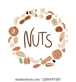 Big set of nuts and seeds in circle form. Various nuts isolated on white, pecan, macadamia, brazil nut, walnut, almonds, hazelnuts, pistachios, cashews, peanuts.  vector hand drawn