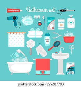 Big set of objects from the bathroom: bathtub, sink, shower, sponge, soap, shampoo, towel, toothbrush, toothpaste