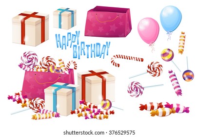 Big set of objects, gifts, birthday, sweets, holiday