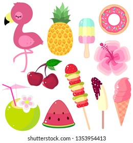 Big set of objects on a theme of summer vacation and holidays at sea: flamingos, pineapple, cherry, watermelon, banana, dessert, ice cream, donuts, coconut, cocktail and tropical flower