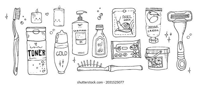 Big set of objects for personal care. Hygiene, bath accessories and tools. Oral cavity, hair, body care. Hand drawn vector illustration in doodle style, all objects isolated