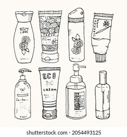 Big set of objects for personal care. Hygiene, bath accessories and tools. Hand drawn vector illustration in doodle style, all objects isolated