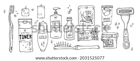 Big set of objects for personal care. Hygiene, bath accessories and tools. Oral cavity, hair, body care. Hand drawn vector illustration in doodle style, all objects isolated