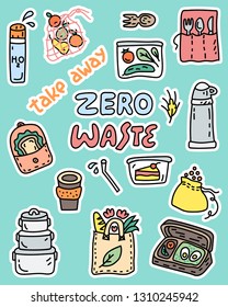 Big set of objects for stickers and patches. Zero waste take away symbols. Cartoon style illustration