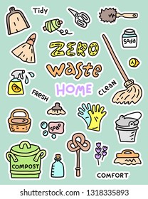 Big set of objects for stickers and patches. Zero waste objects for Home. Cartoon style illustration