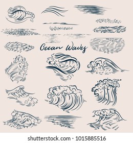 Big set of ocean hand drawn waves