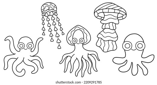 Big set of octopuses and jellyfishes linear vector illustration. Funny hand-drawn sea animals black outline isolated on white. Cartoon sea characters printable colouring book page vector