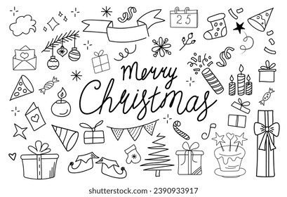 Big set off Christmas doodle elements and handwritten short phrases Merry Christmas. Christmas trees, skates, Christmas boot, sweets, gift boxes, snowflakes. Winter holidays attributes. Line art.