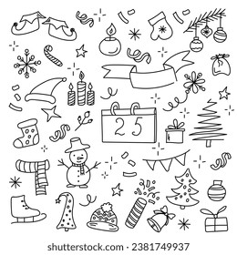Big set off Christmas, winter and new year doodle elements. Christmas trees, skates, Christmas boot, sweets, gift boxes, snowflakes. Winter holidays attributes. Line art.