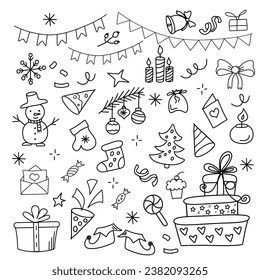 Big set off the Christmas, winter and new year doodle elements. Christmas trees, skates, Christmas boot, sweets, gift boxes, snowflakes. Winter holidays attributes. Line art.