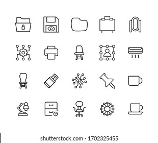 Große Anzahl von Bürozeilen-Symbolen. Vektorillustration einzeln auf weißem Hintergrund. Symbole in Premium-Qualität. Schlagt Vektorsymbole für Concept- oder Web-Grafiken. Einfache Dünnzeilenzeichen. 