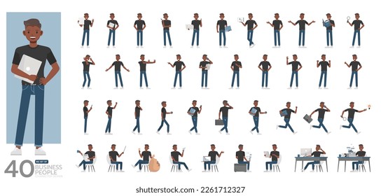 Big Set of office man wear black shirt character vector design. Presentation in various action. People working in office planning, thinking and economic analysis.