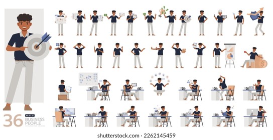 Big Set of office man wear blue shirt character vector design. Presentation in various action. People working in office planning, thinking and economic analysis.