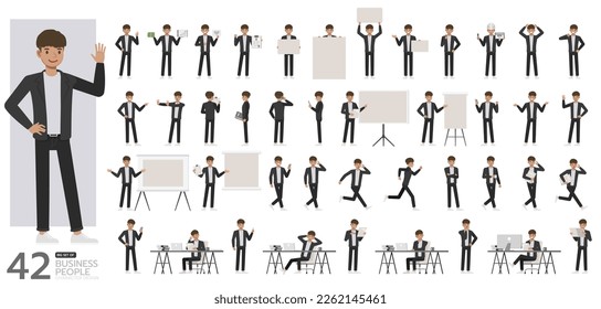 Big Set of office man wear black suit character vector design. Presentation in various action. People working in office planning, thinking and economic analysis.