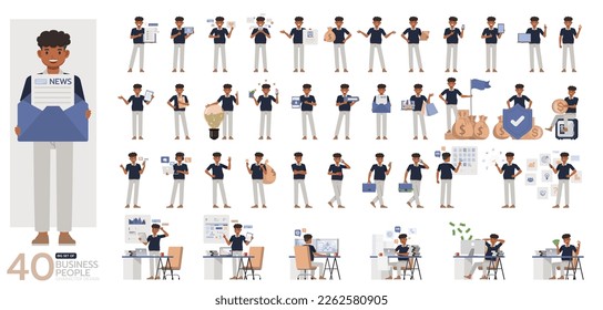 Big Set of office man wear blue shirt character vector design. Presentation in various action. People working in office planning, thinking and economic analysis.