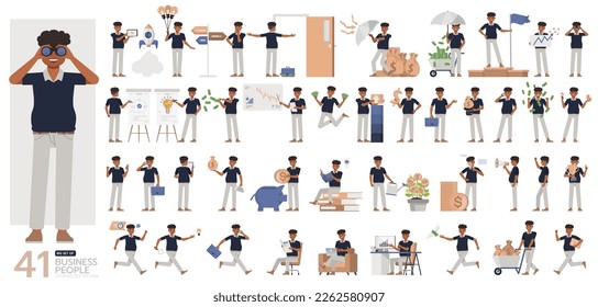 Big Set of office man wear blue shirt character vector design. Presentation in various action. People working in office planning, thinking and economic analysis.