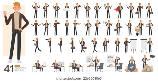 Big Set of office man wear brown suit character vector design. Presentation in various action. People working in office planning, thinking and economic analysis.