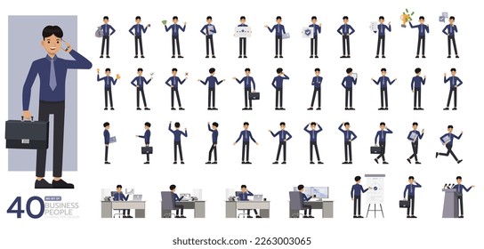 Big Set of office man wear blue shirt with tie character vector design. Presentation in various action. People working in office planning, thinking and economic analysis.