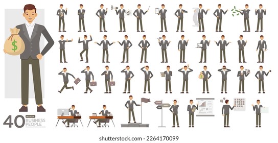 Big Set of office man wear grey suit character vector design. Presentation in various action. People working in office planning, thinking and economic analysis.