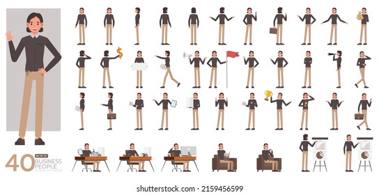 Big Set of office men wear brown shirts character vector design. Presentation in various action. People working in office planning, thinking and economic analysis.