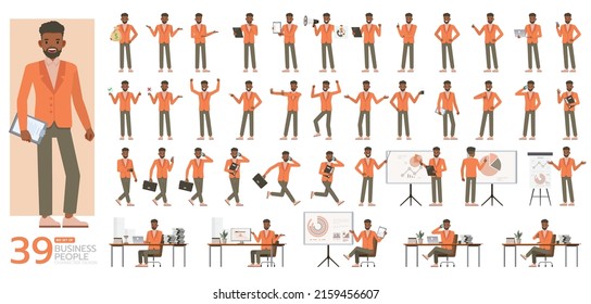 Big Set of office men wear orange suit character vector design. Presentation in various action. People working in office planning, thinking and economic analysis.