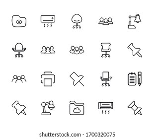 Gran conjunto de iconos de línea de espacio de oficina. Ilustración vectorial aislada en un fondo blanco. Símbolos de calidad superior. Iconos vectoriales de trazo para conceptos o gráficos web. Sencillas señales de línea delgada.