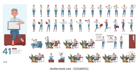 Gran conjunto de diseño vectorial de carácter femenino de oficina. Presentación en diversas acciones. Personas que trabajan en planificación de oficinas, pensamiento y análisis económico.