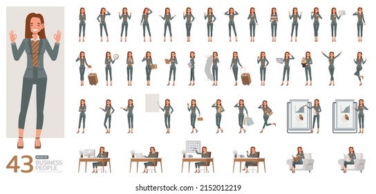 Big Set of office woman wear green suit character vector design. Presentation in various action. People working in office planning, thinking and economic analysis.