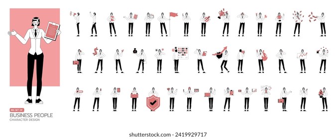 Big Set of office woman wear white suit character flat and minimal vector illustration design style. Presentation in various action. People working in office planning, thinking and economic analysis.