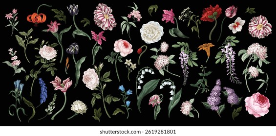 Big set oil painting rococo still-lifes flowers isolated. Vector