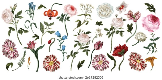 Grande conjunto óleo pintura rococó naturezas-mortas flores isoladas. Vetor