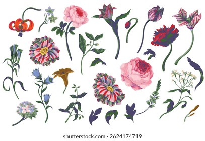 Big set oil painting rococo still-lifes flowers isolated. Vector