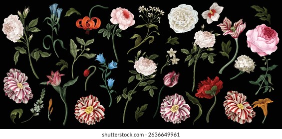 Big set oil painting rococo still-lifes flowers isolated. Vector