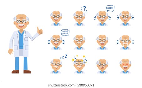 Big Set Of Old Professor Emoticons. Professor Avatars Showing Different Facial Expressions. Happy, Sad, Cry, Laugh, Smile, Angry, Surprised, In Love And Other Emotions. Flat Style Vector Illustration