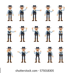 Big set of old sheriff characters showing different hand gestures. Cheerful cowboy showing thumb up, pointing, greeting, victory, stop sign and other hand gestures. Simple vector illustration