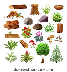 Big set of old stumps, logs, green bushes, grass, mushrooms, fly agaric and trees.Wood industry raw materials.Vector illustration in cartoon style.