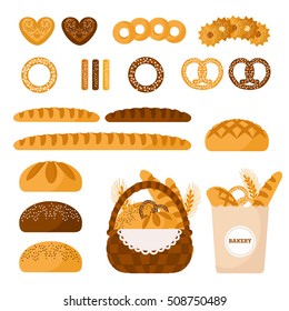 Big set on the bakery theme. A basket of pastries, pretzels, fresh bread and other food. 