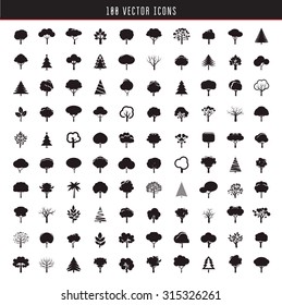 Big set of one hundred icon black trees. Vector symbol and organic icons.